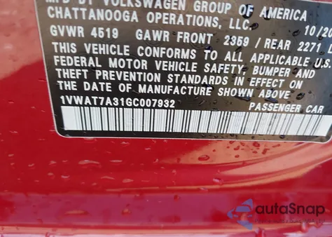 2016 Volkswagen Passat 1.8T S z USA, uszkodzony, nr VIN 1VWAT7A31GC007932